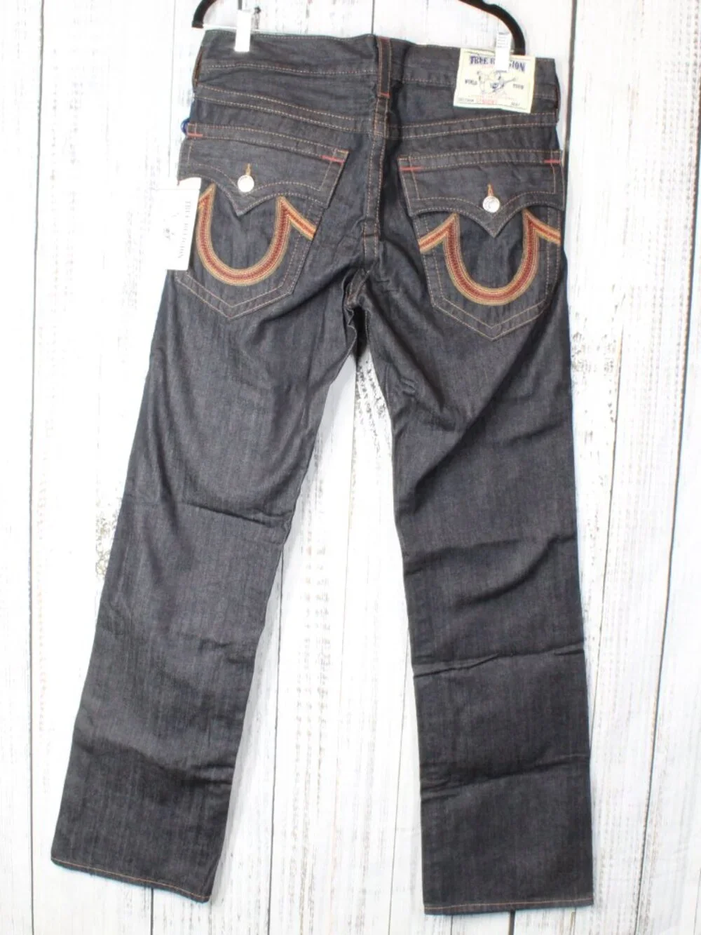 NWT True Religion Straight Leg Flap Jeans Sunset Logo Orange Red Stitch Size 33